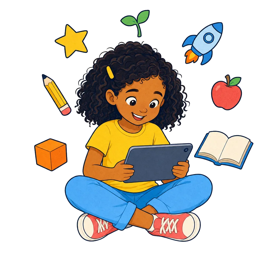 A girl smiling at a tablet, surrounded by a star, a pencil, a book, and other learning stickers
